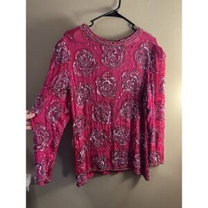 Nite Lime Pink Sequin Beaded Embellished Long Sleeve Party‎ Top
